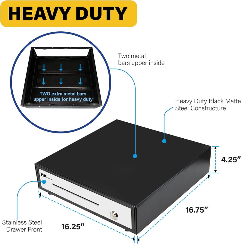 HK SYSTEMS 16inch "Stainless Steel" Front Heavy Duty Black POS Cash Drawer with 5Bill/5Coin - Image 3